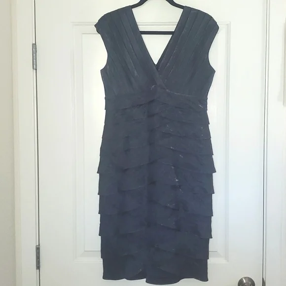 Adrianna Papell | Dresses | Adrianna Papell Metallic Muted Blue Tiered  Pleated Cocktail Dress Sz | Poshmark